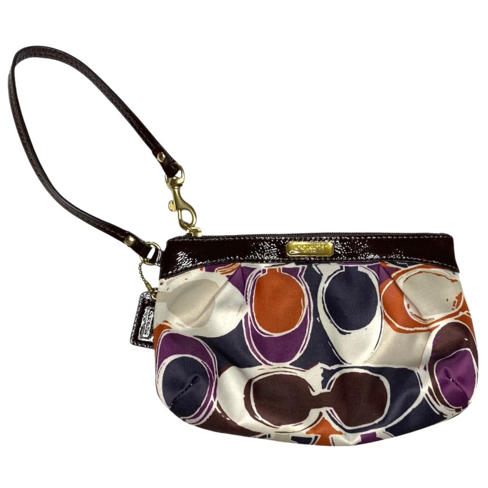 Coach Ashley Satin Signature Scarf Print & Brown Patent Leather Wristlet